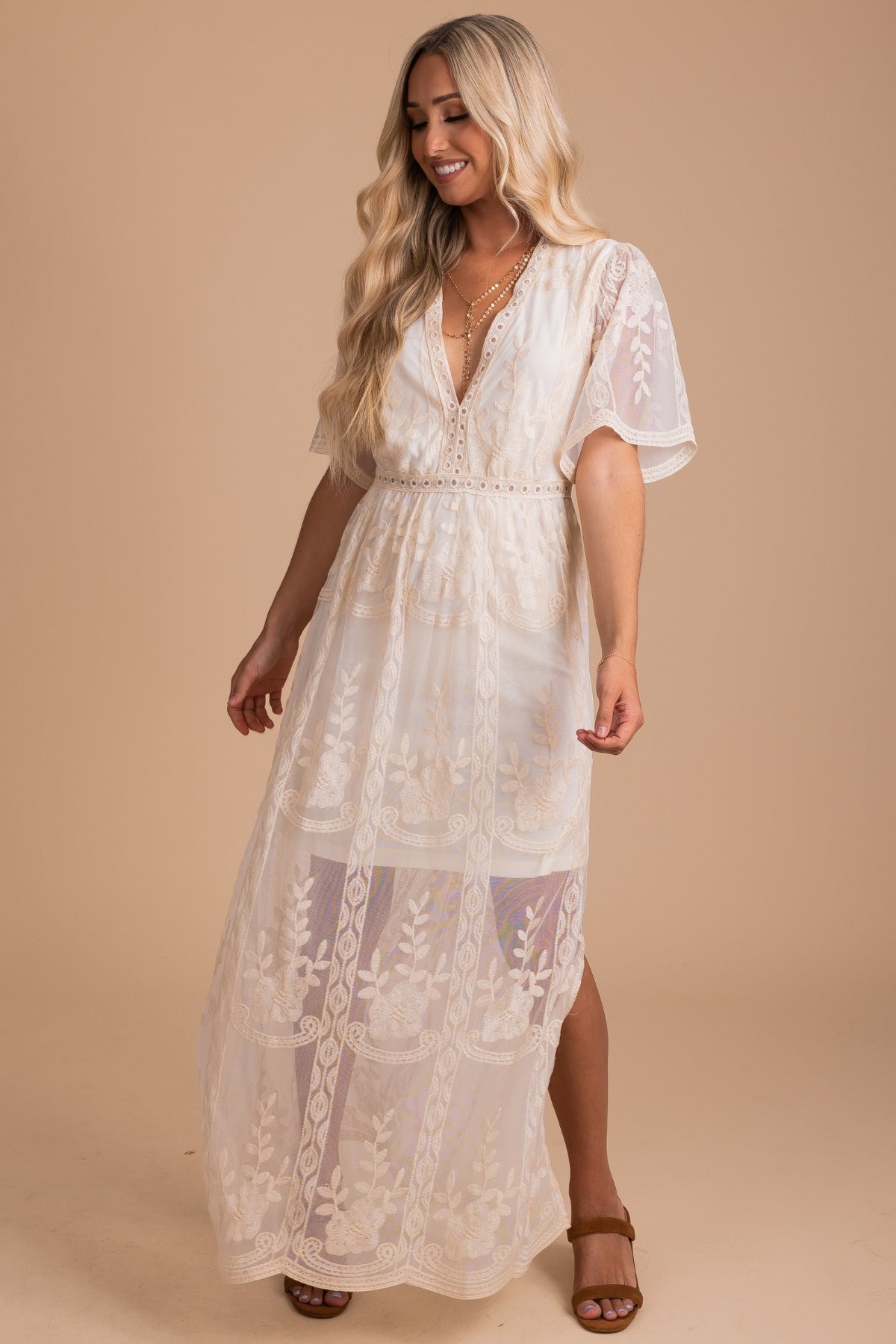 Light My Fire Cream Lace Maxi Dress