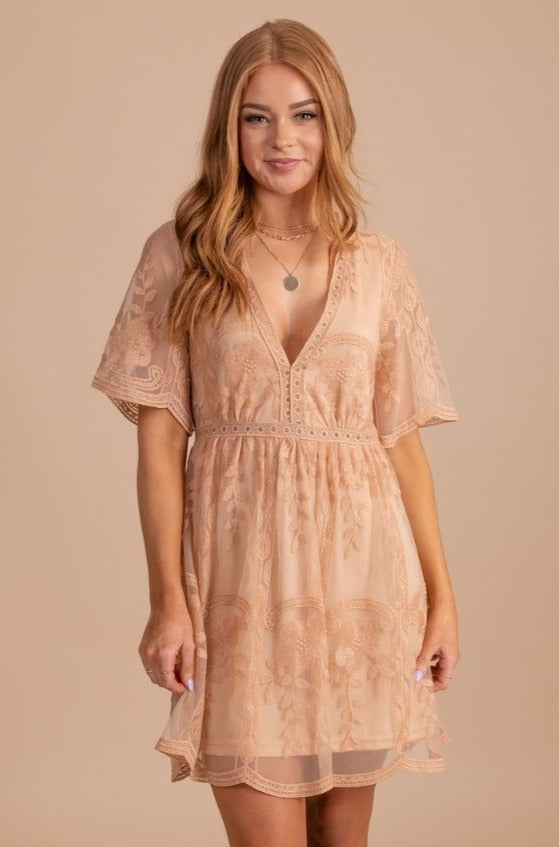 Light My Fire Tan Lace Mini Dress