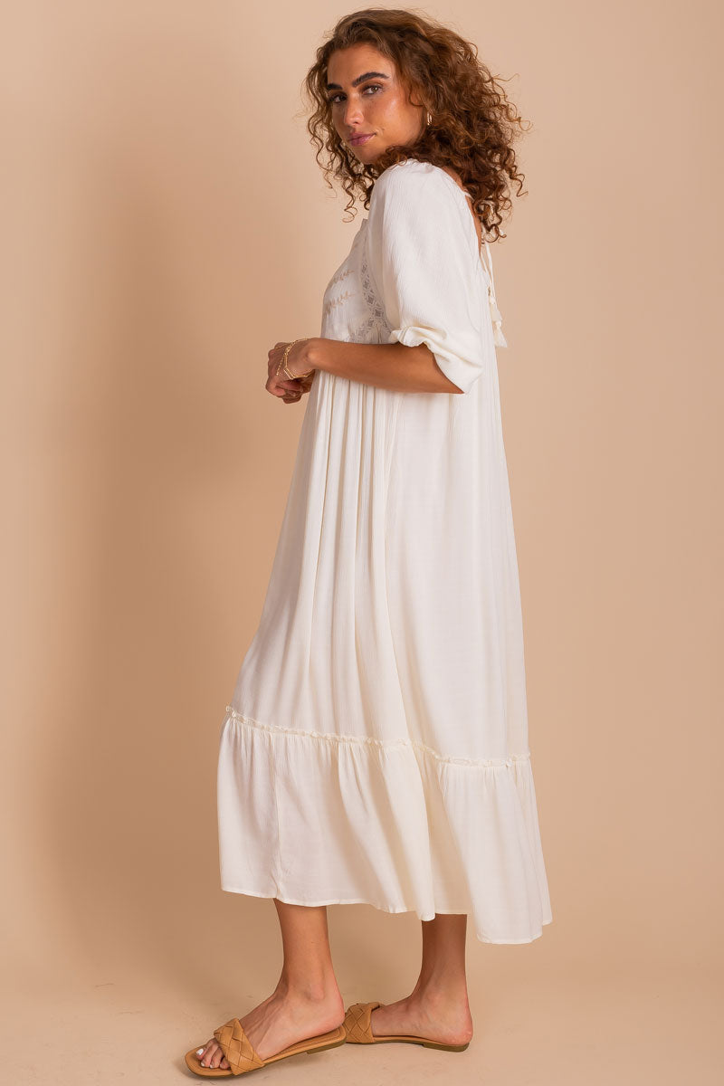 Desert Rose Embroidered Midi Dress - Off White