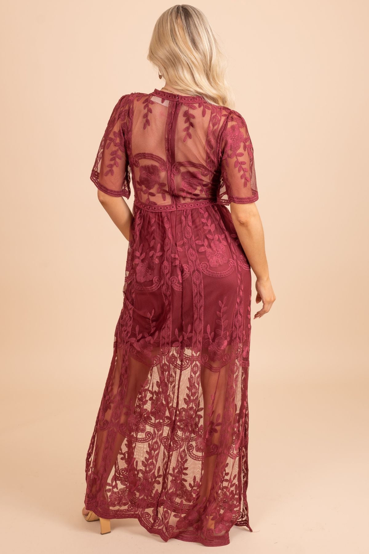 Light My Fire Wine Lace Maxi Dress
