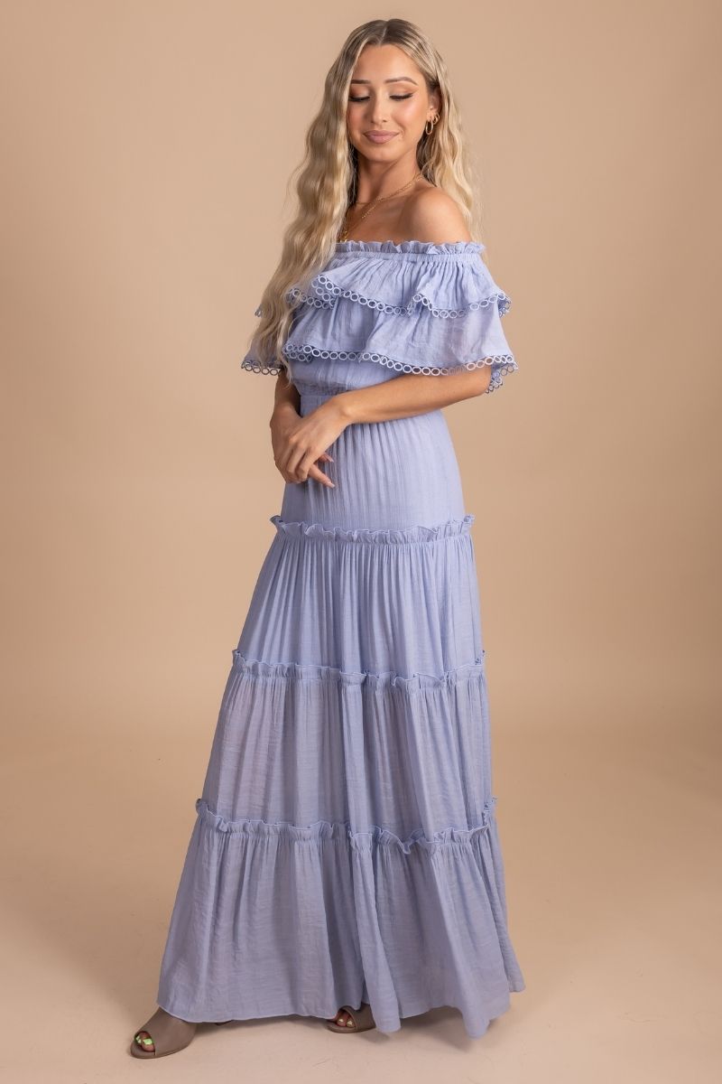 A Trip To Florence Off Shoulder Maxi Dress - Light Blue