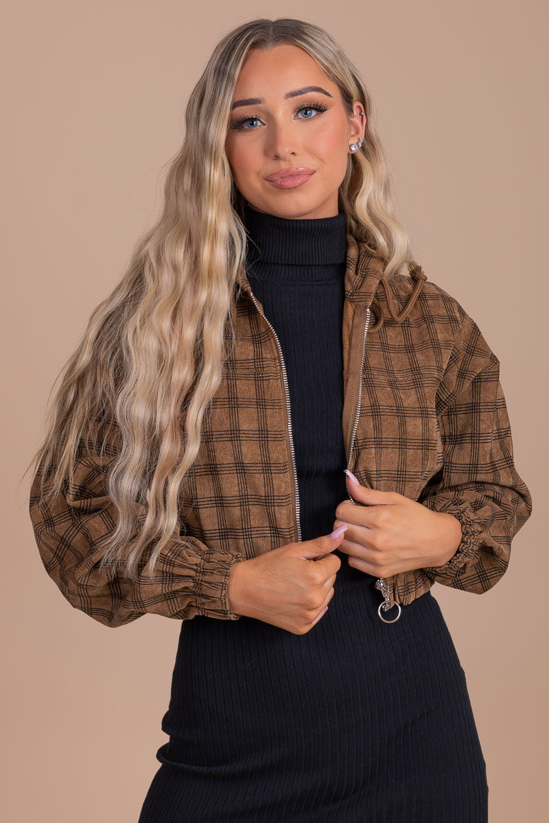 Caramel Latte Plaid Cropped Jacket