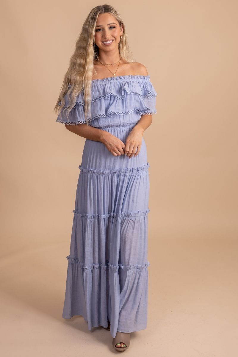 A Trip To Florence Off Shoulder Maxi Dress - Light Blue