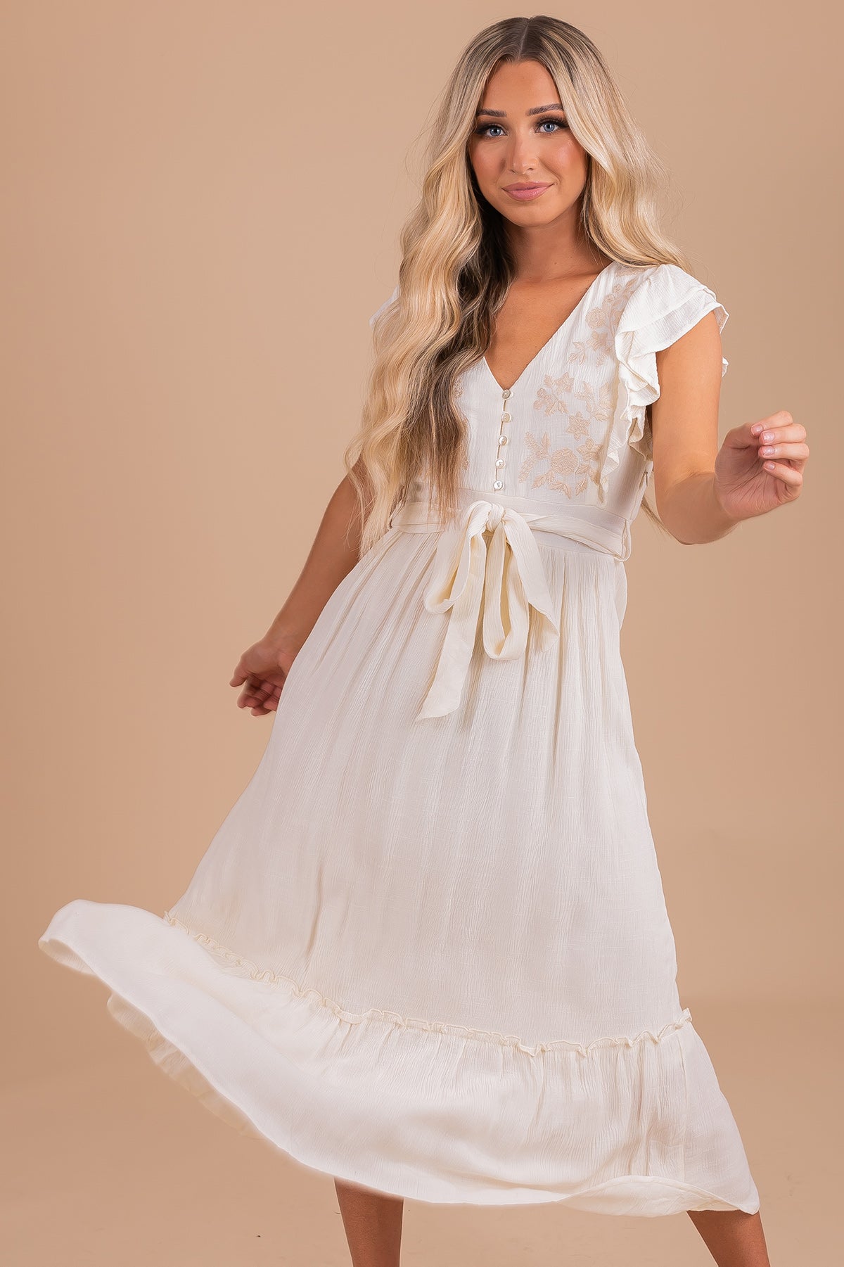 Heart Flutters Embroidered Midi Dress - Off White