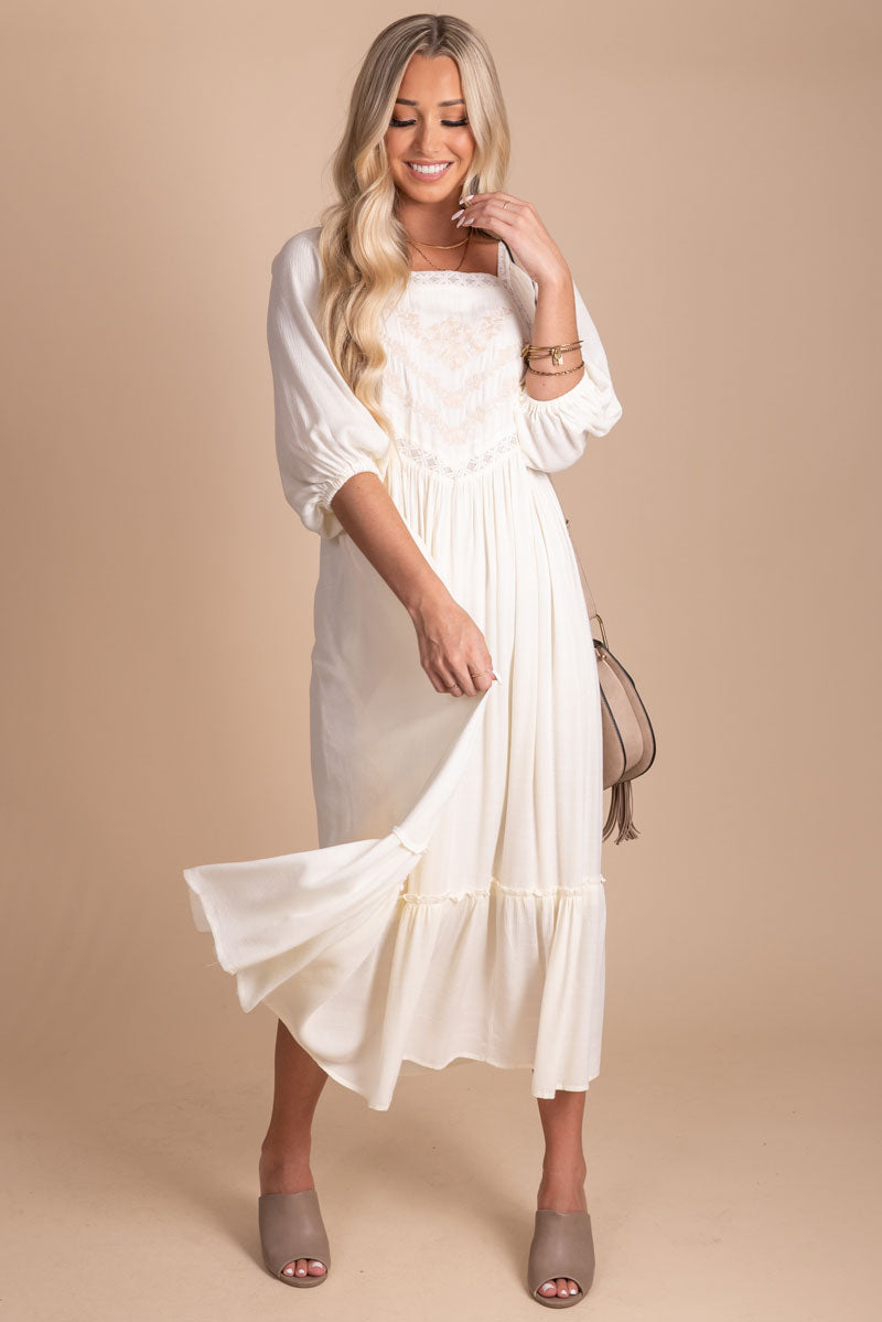 Desert Rose Embroidered Midi Dress - Off White