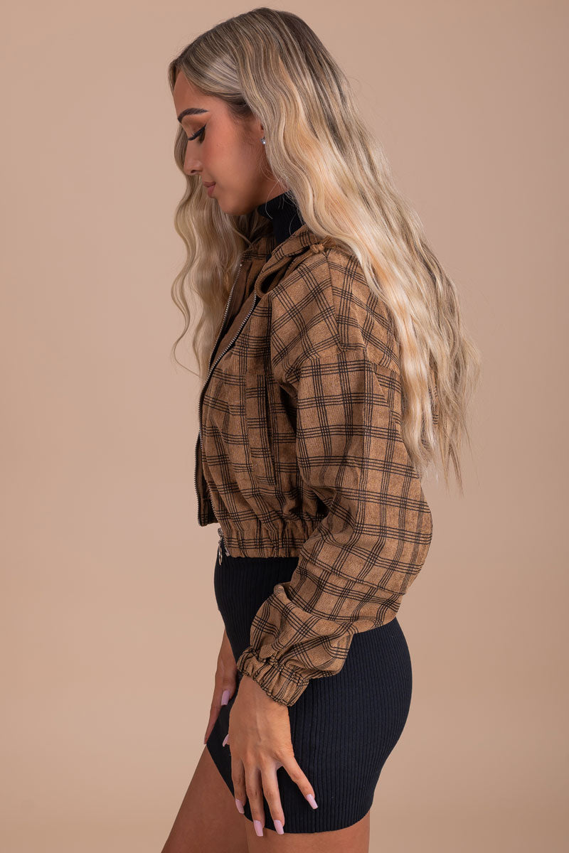 Caramel Latte Plaid Cropped Jacket