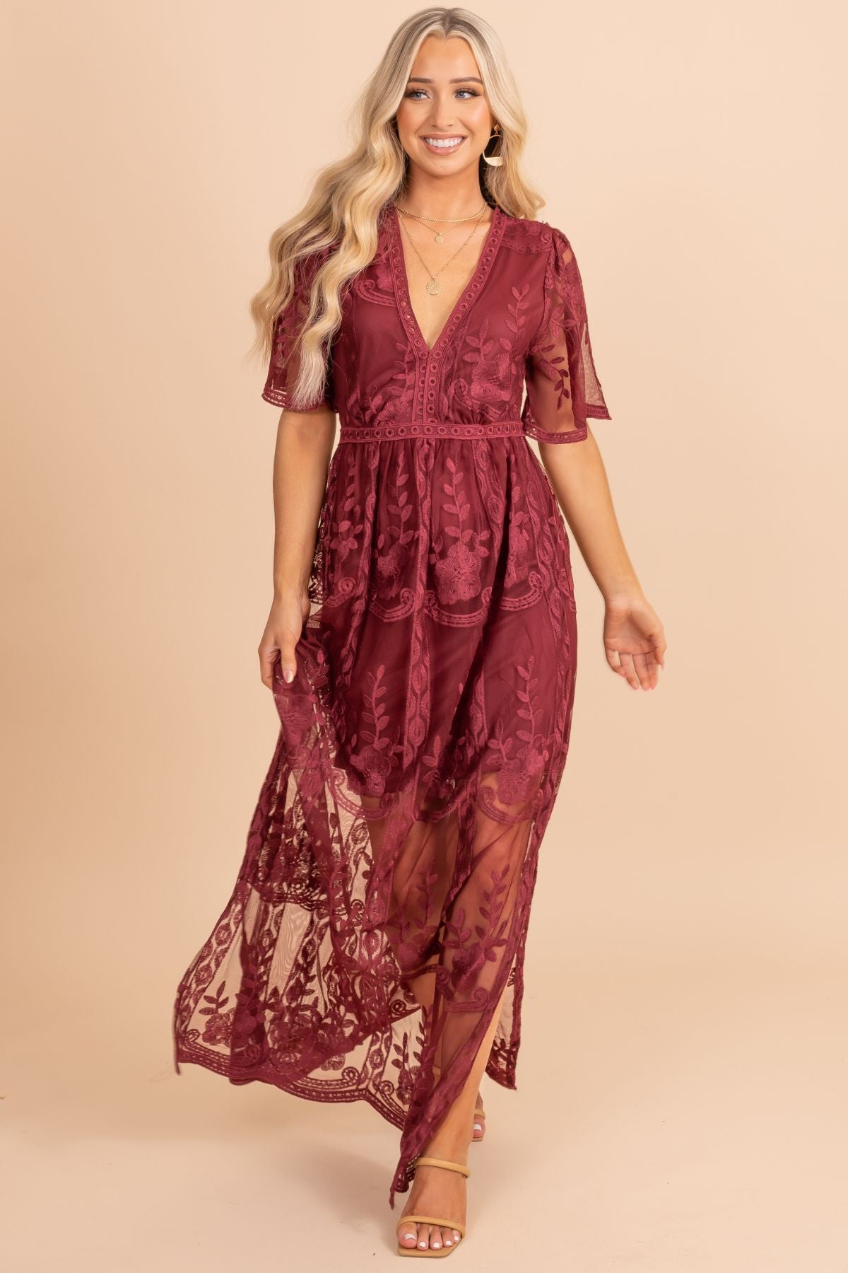 Light My Fire Wine Lace Maxi Dress