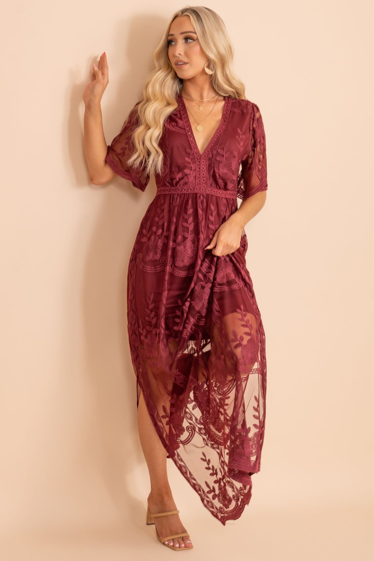 Light My Fire Wine Lace Maxi Dress