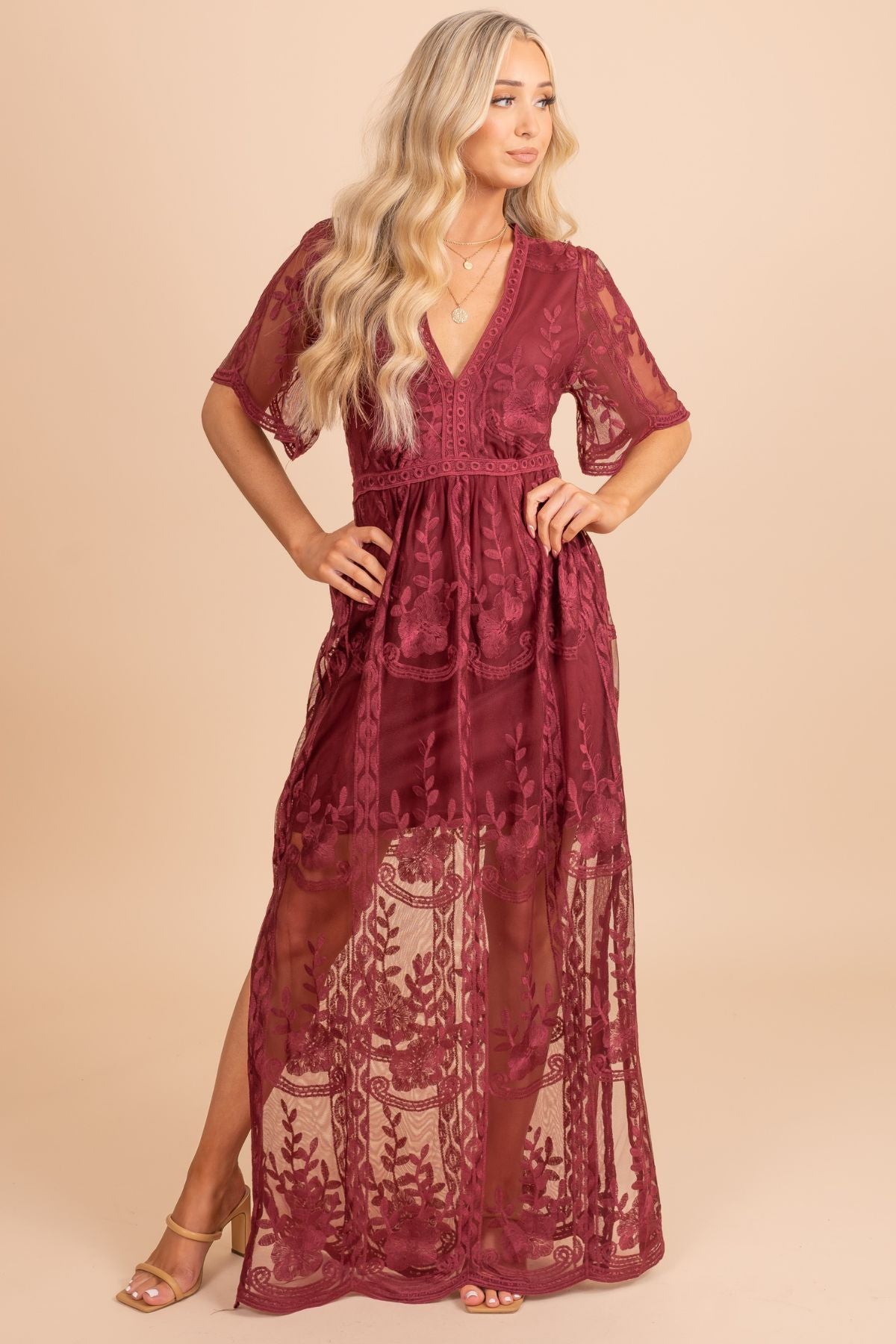 Light My Fire Wine Lace Maxi Dress