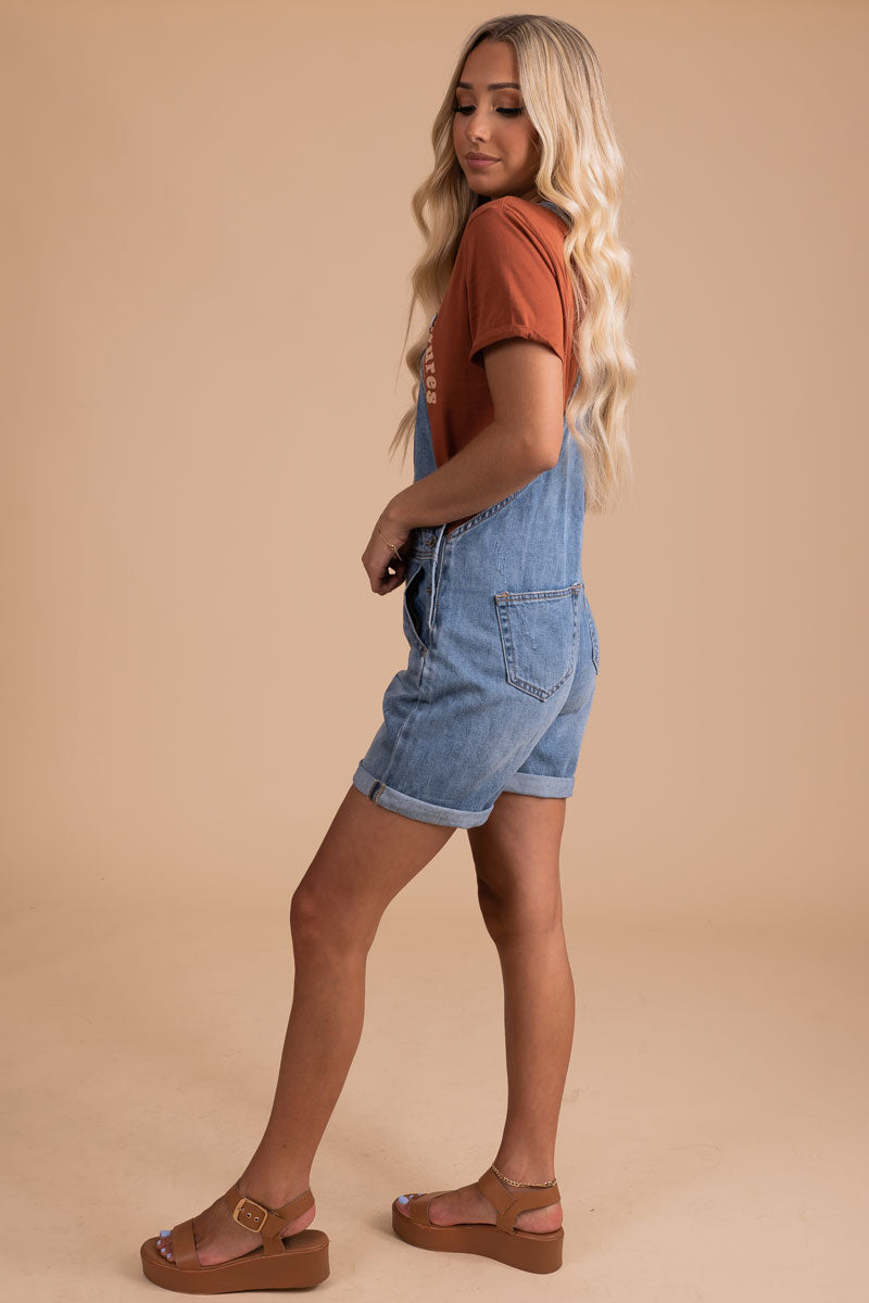 Free As The Wind Denim Overall Romper - Blue