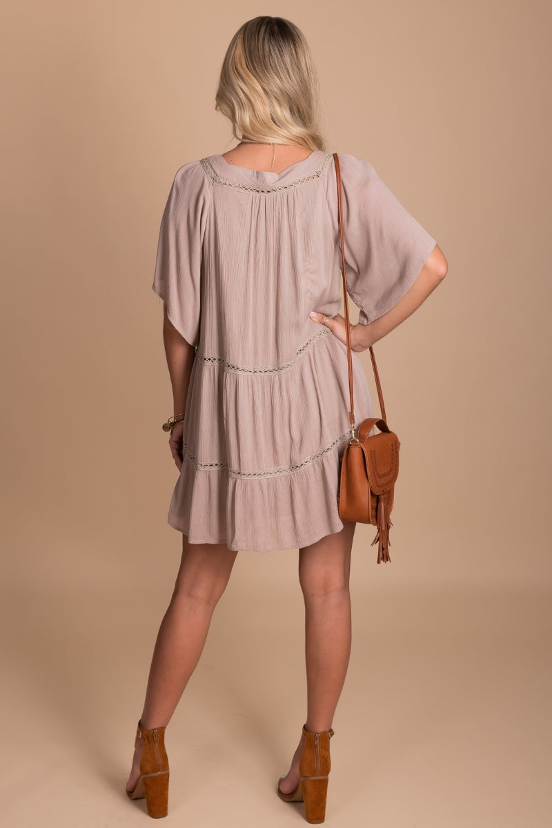 Open Mind Eyelet Detail Mini Dress - Light Brown