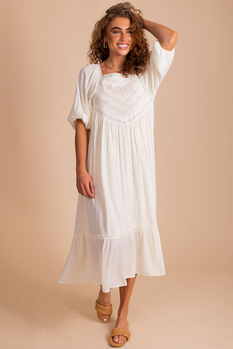 Desert Rose Embroidered Midi Dress - Off White