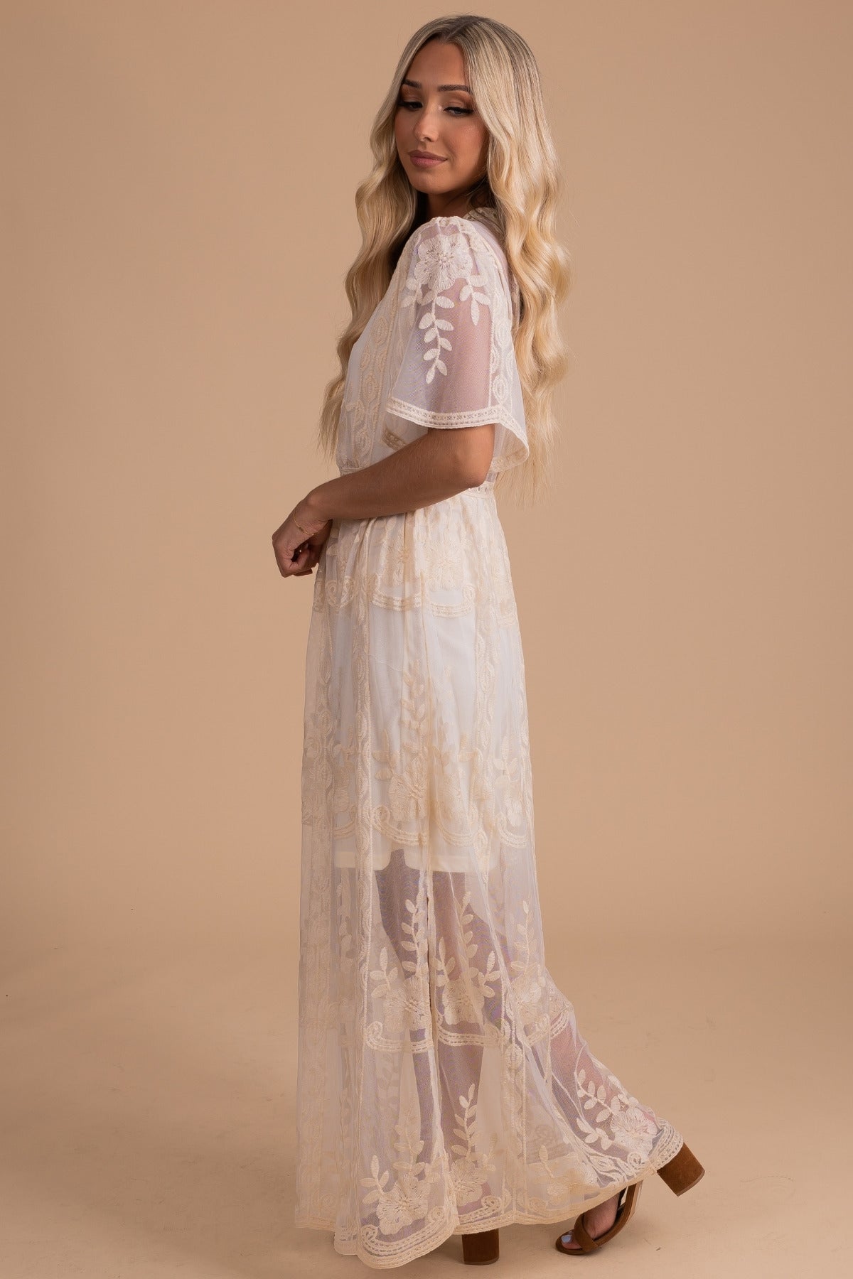 Light My Fire Cream Lace Maxi Dress