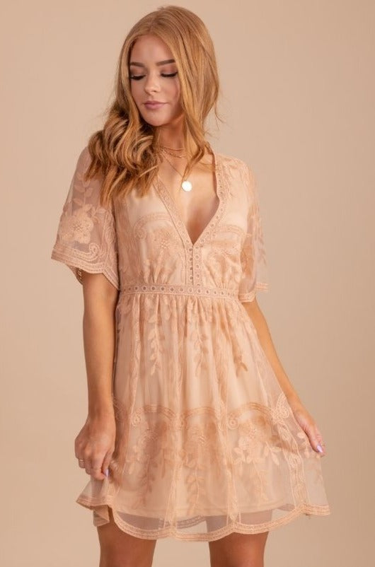 Light My Fire Tan Lace Mini Dress