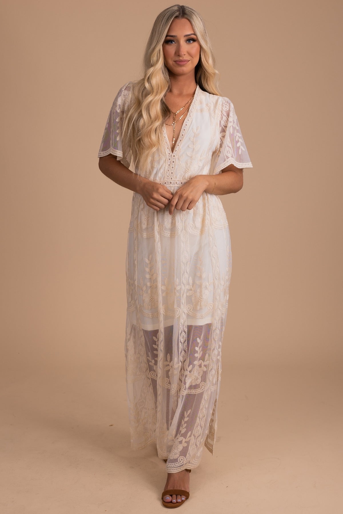 Light My Fire Cream Lace Maxi Dress