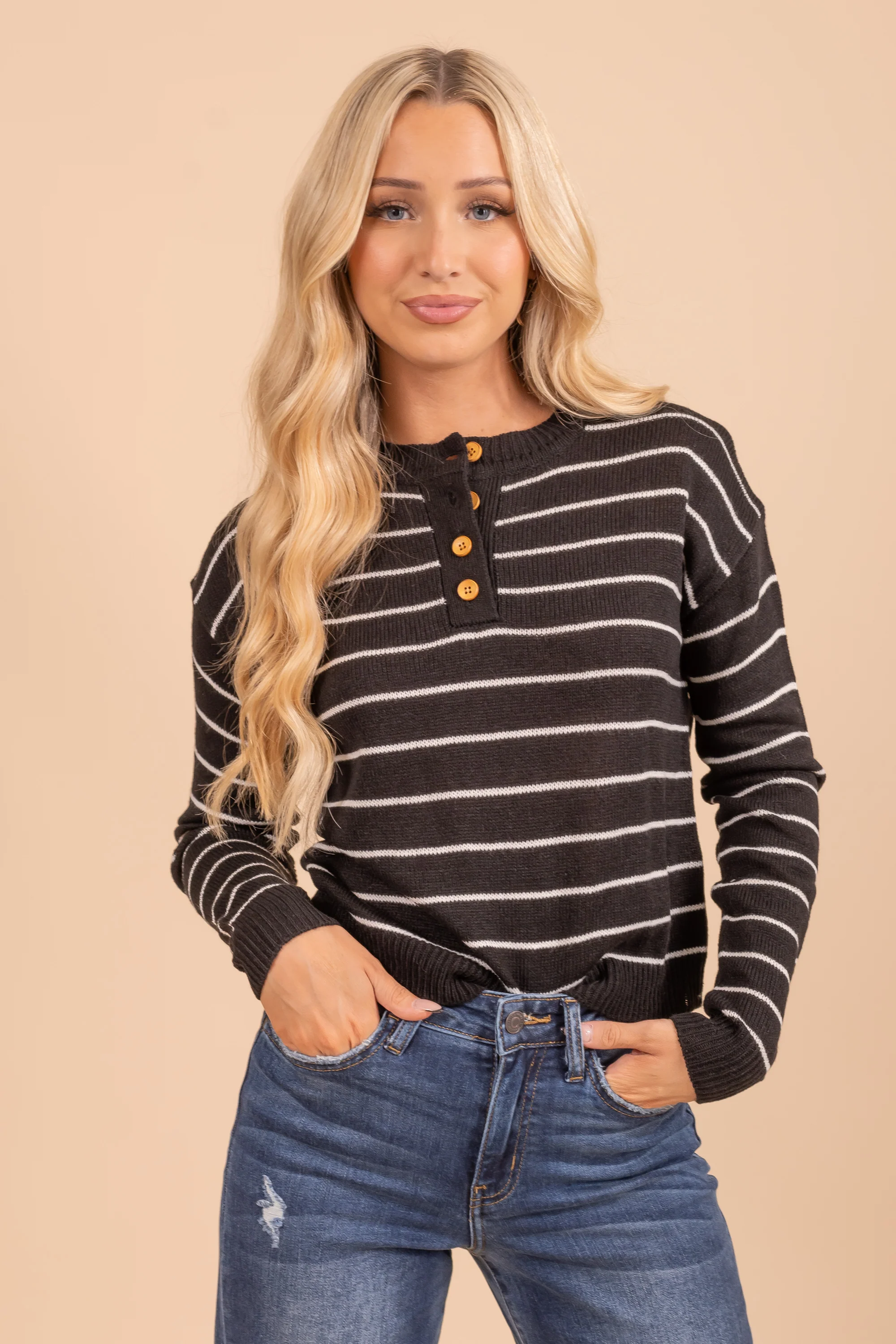 Button Down Henley Striped Sweater