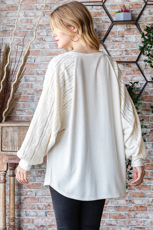 Solid Lace Contrast Sleeve Pullover