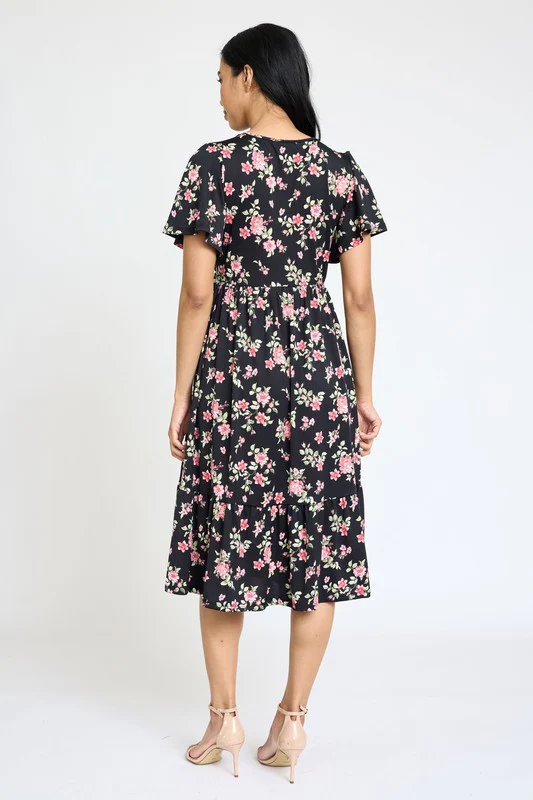 Floral Angel Sleeve Midi Dress