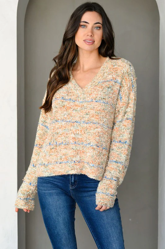 Stripe Stitched Boucle Knit V-neck Sweater