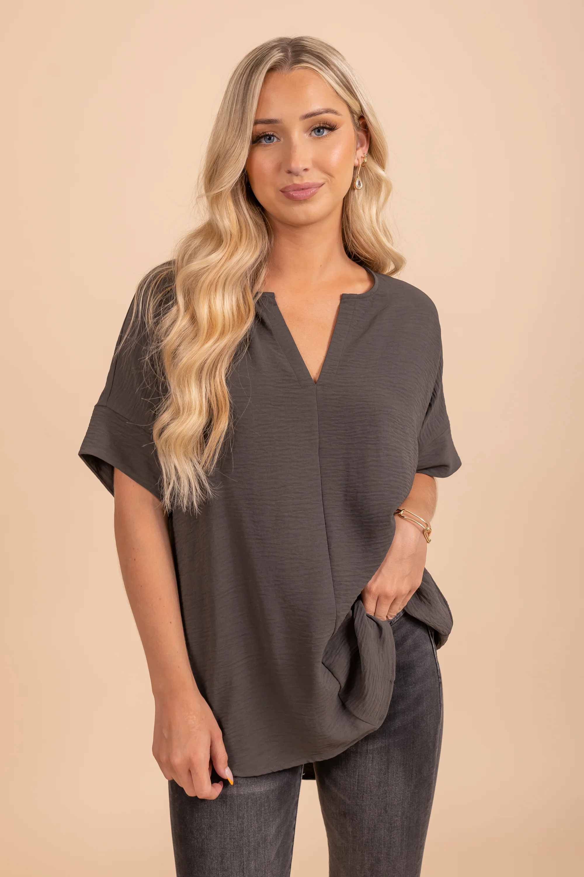 Split V-Neck Blouse