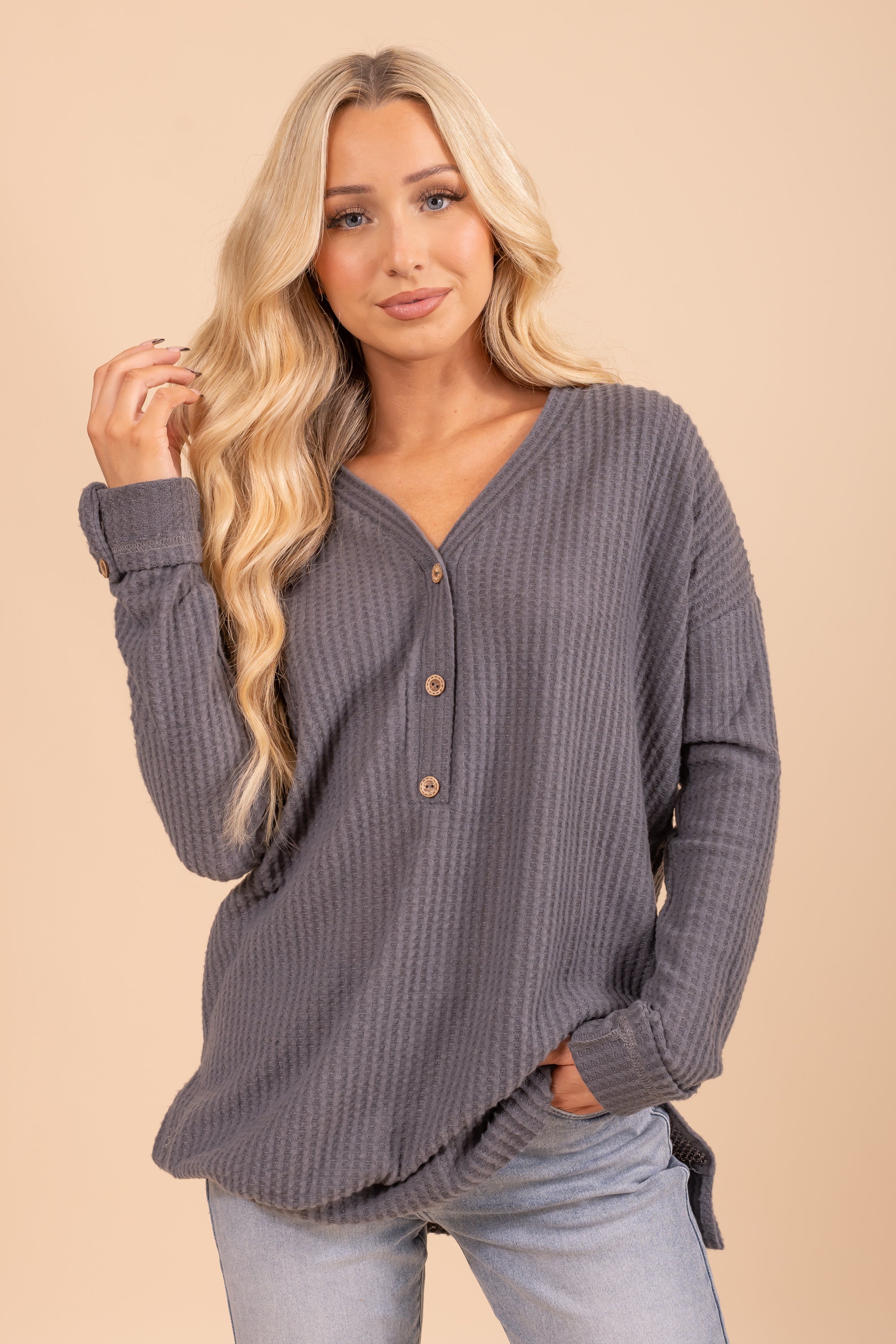 Knit Henley Long Sleeve Top