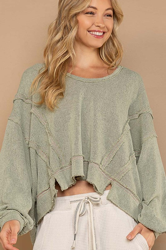 Round Neck Balloon Sleeve Hooded Knit Top