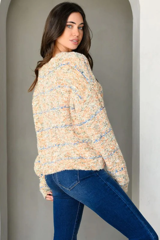 Stripe Stitched Boucle Knit V-neck Sweater