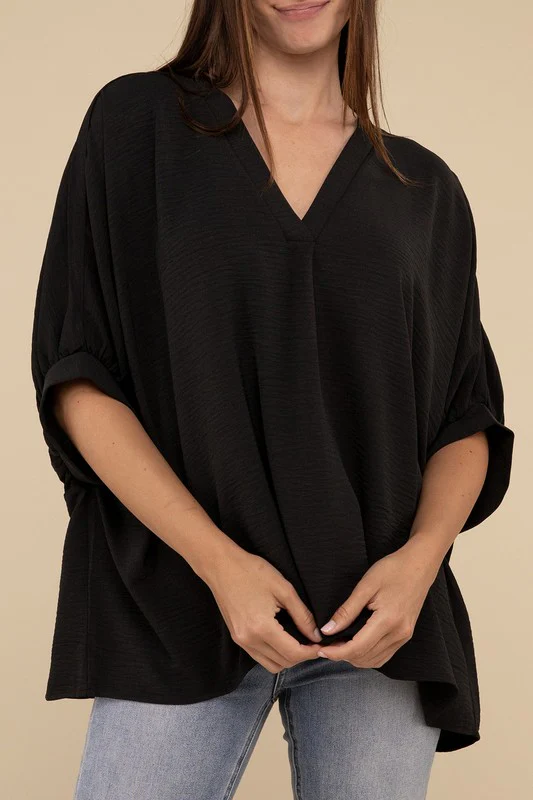 Woven Airflow V-Neck Puff Half Sleeve Top