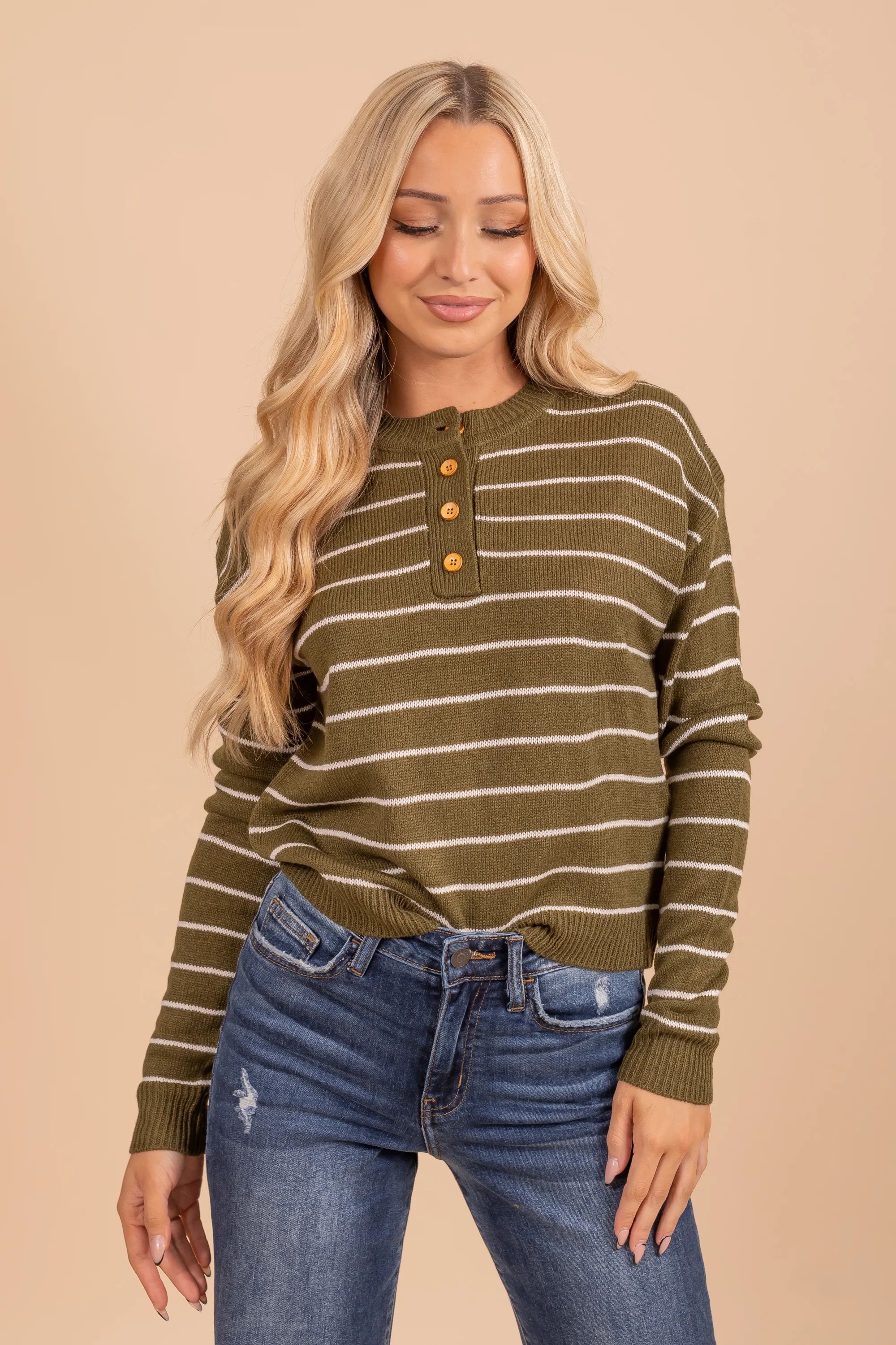 Button Down Henley Striped Sweater