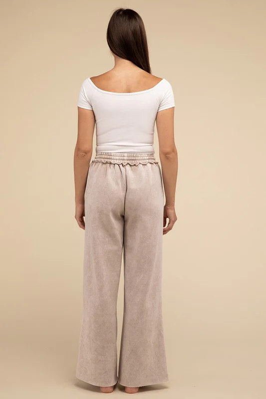 Acid Wash Fleece Palazzo Sweatpants with Pockets