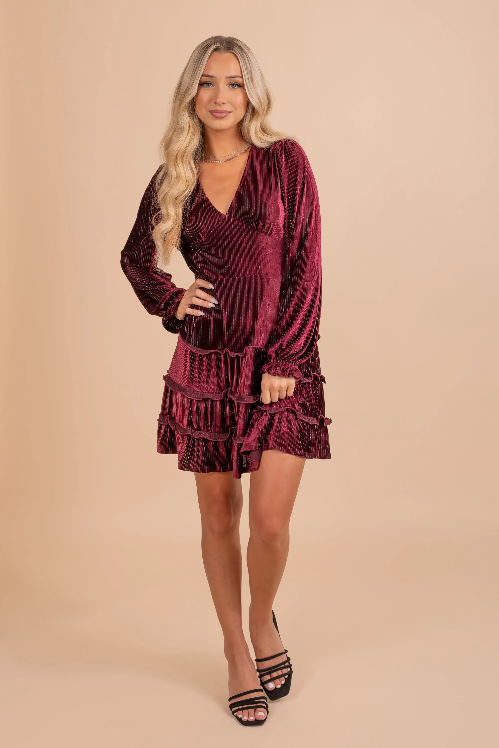 Deep V-neck Textured Velvet Holiday Mini Dress