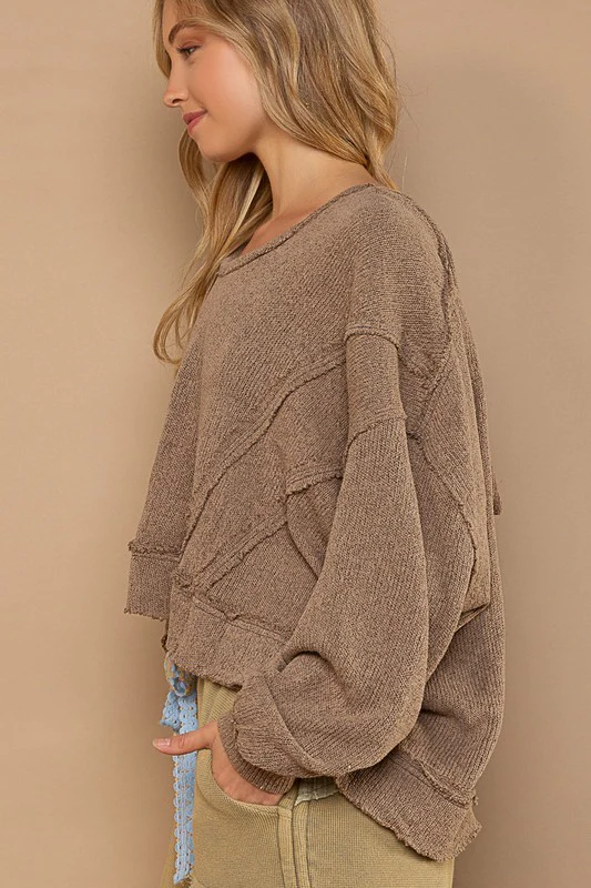 Round Neck Balloon Sleeve Hooded Knit Top