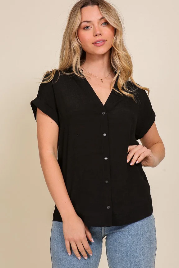 Cap Sleeve Poly Linen Button Down Top