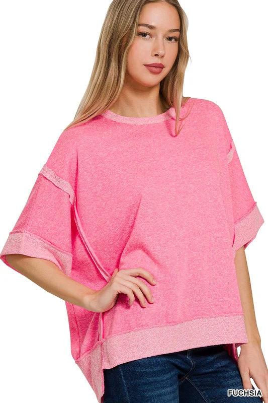 Contrast Trim Top Stitching Drop Shoulder Top