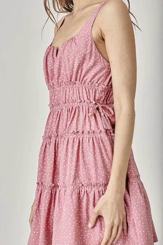 Side Tassel Strap Tiered Polka Dot Dress