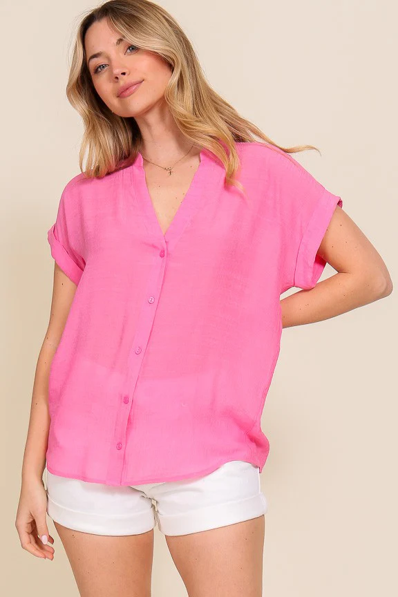 Cap Sleeve Poly Linen Button Down Top