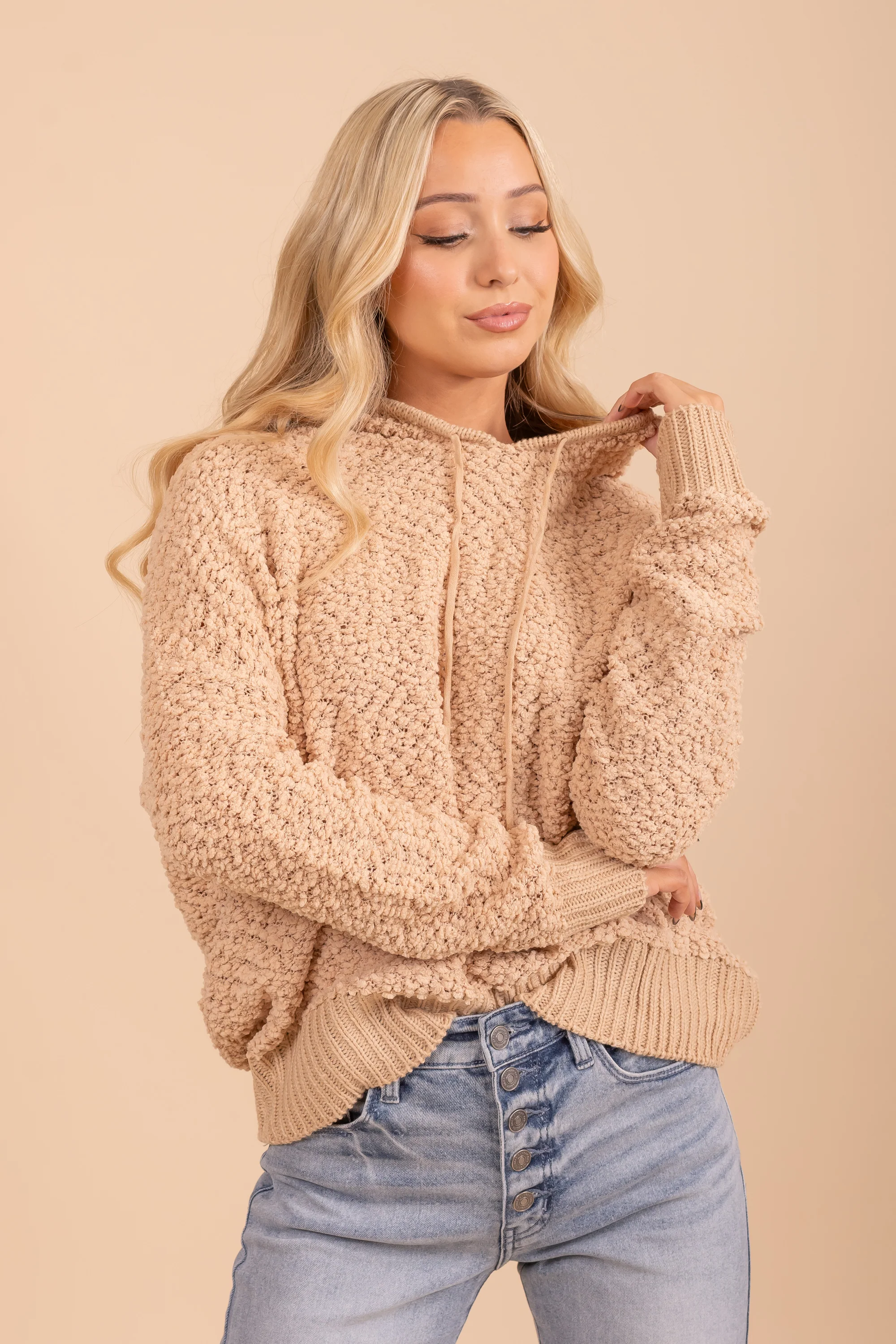Popcorn Yarn Hooded Pullover Sweater