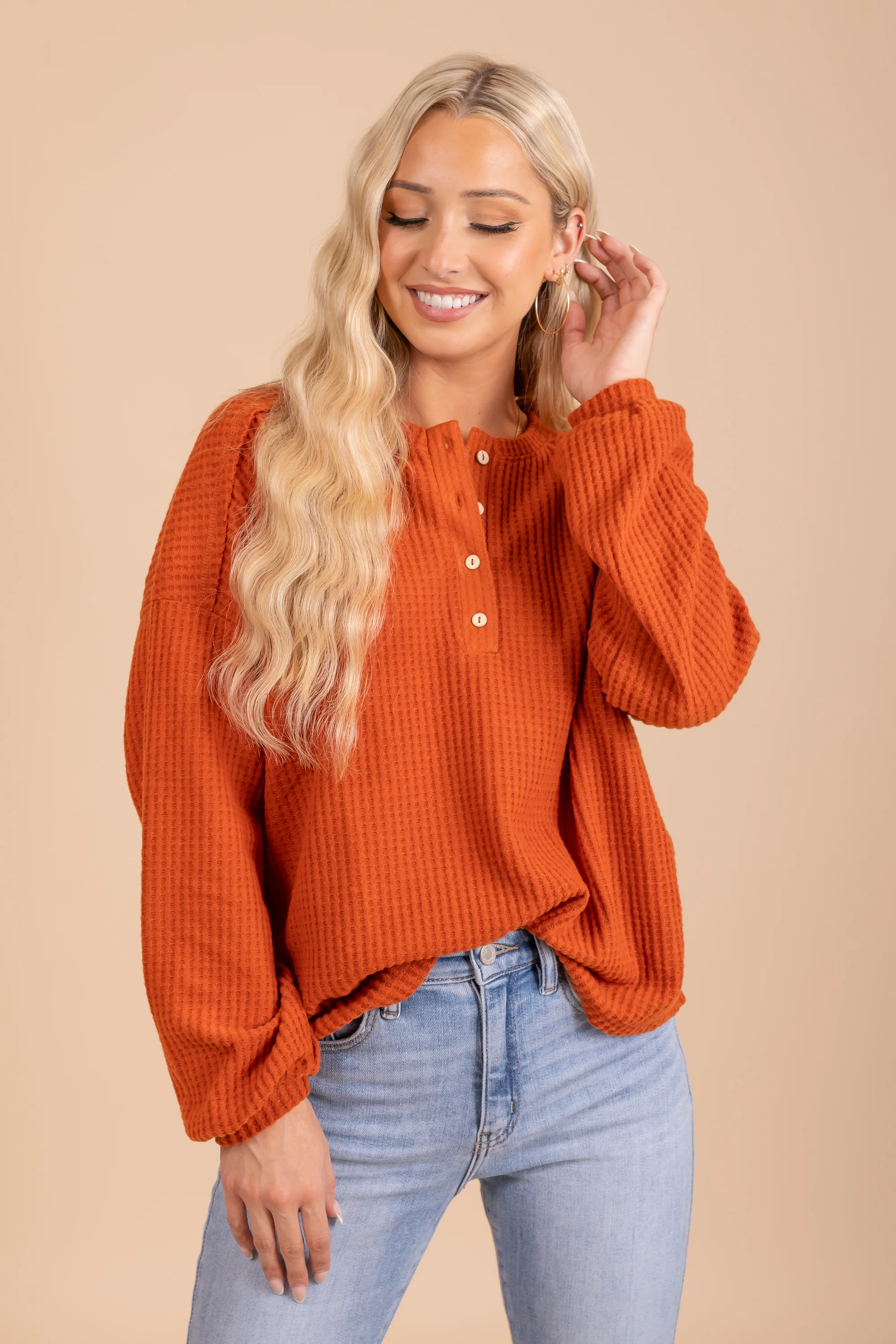 Waffle Knit Henley Pullover