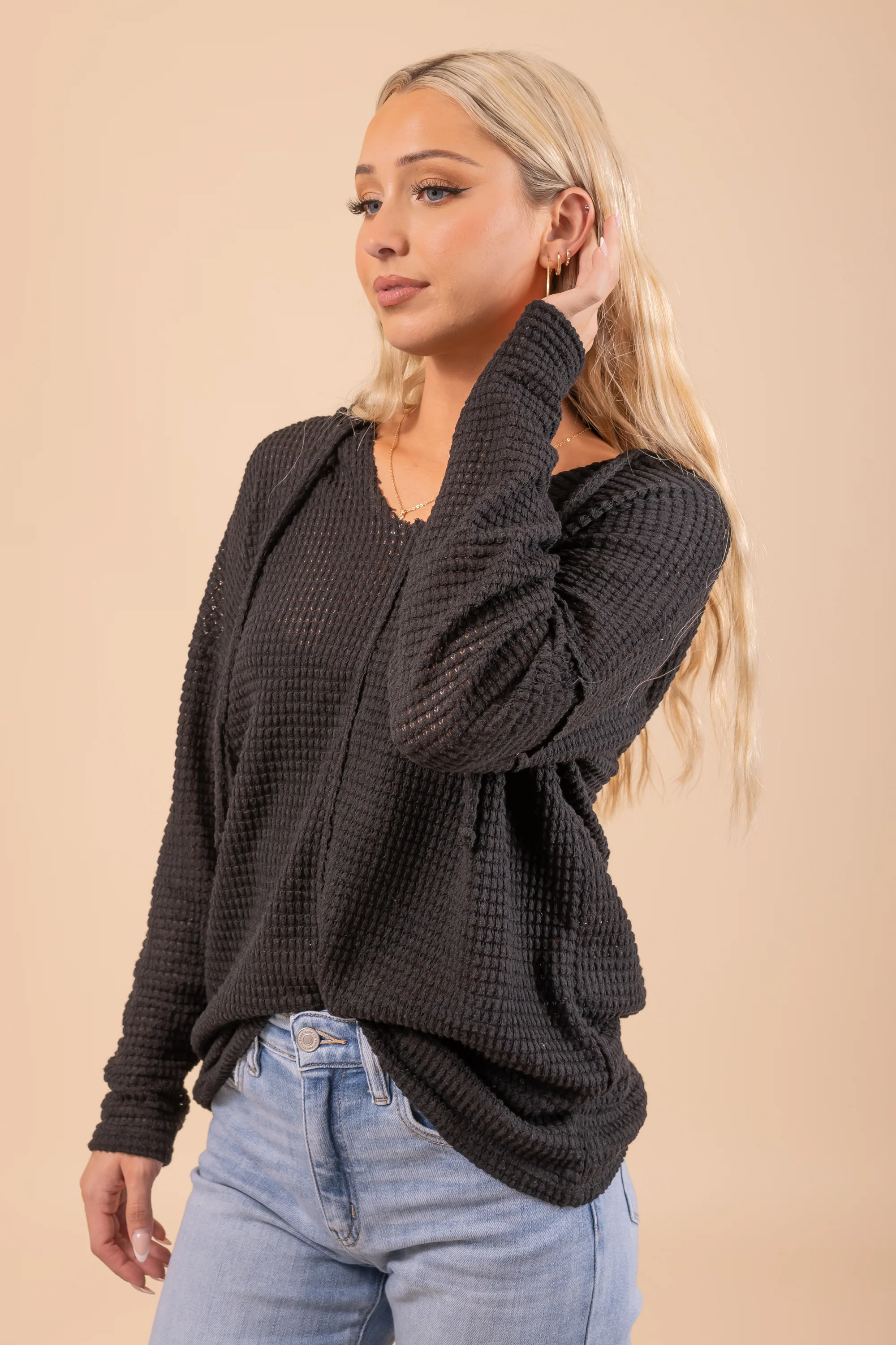 Popcorn Waffle Knit Hoodie