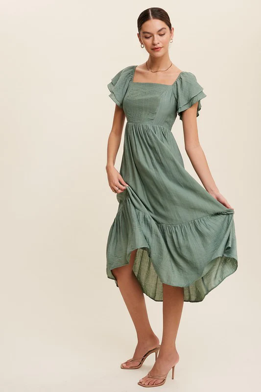 Square Neck Ruffled Short Sleeve Maxi Dress