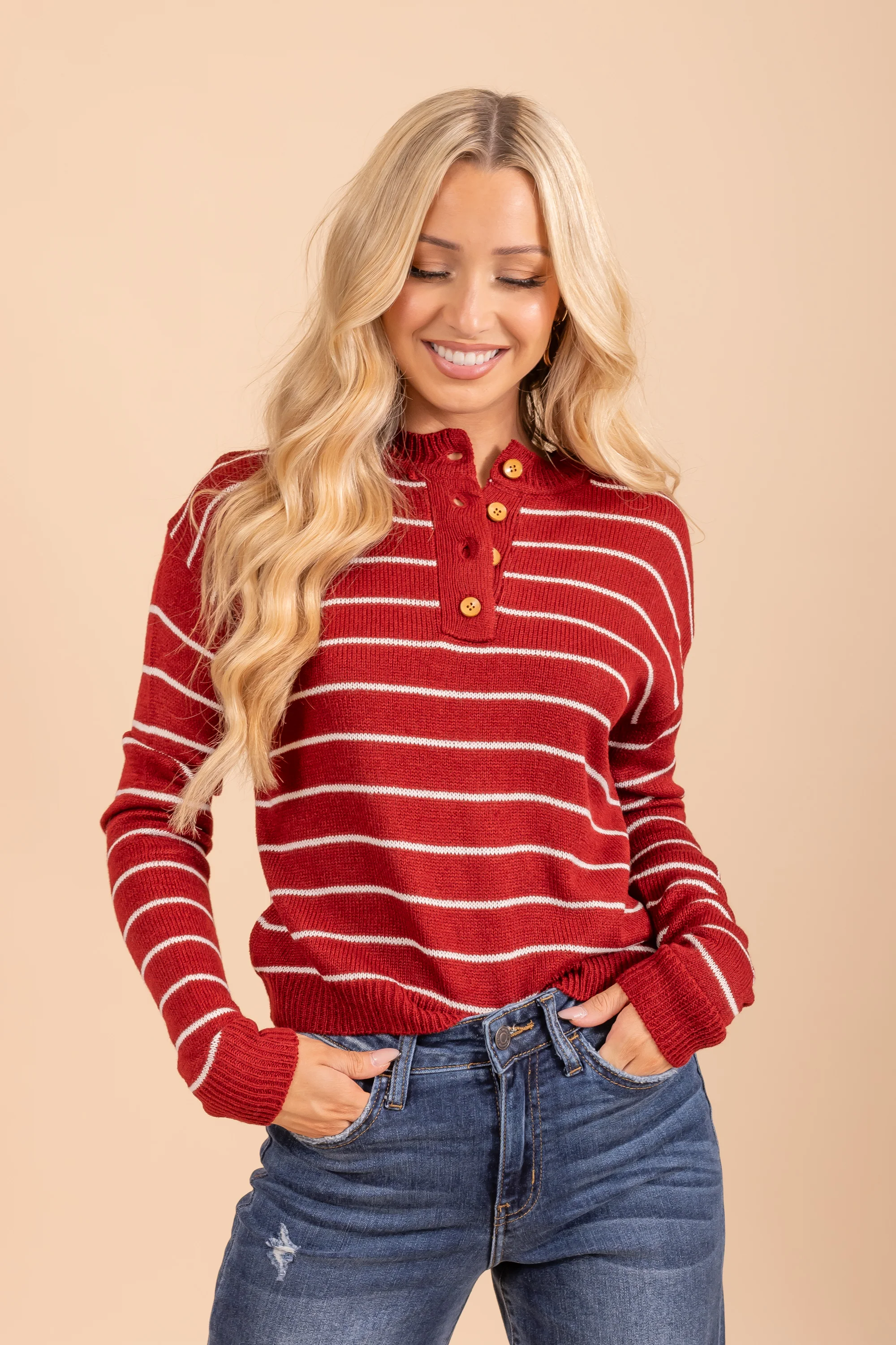 Button Down Henley Striped Sweater