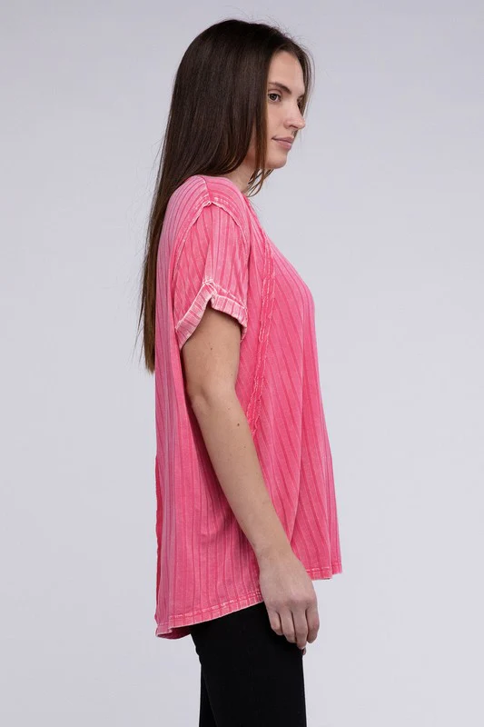 Ribbed Raglan Dolman Sleeve Boat-Neck Top