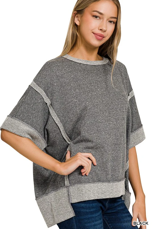 Contrast Trim Top Stitching Drop Shoulder Top