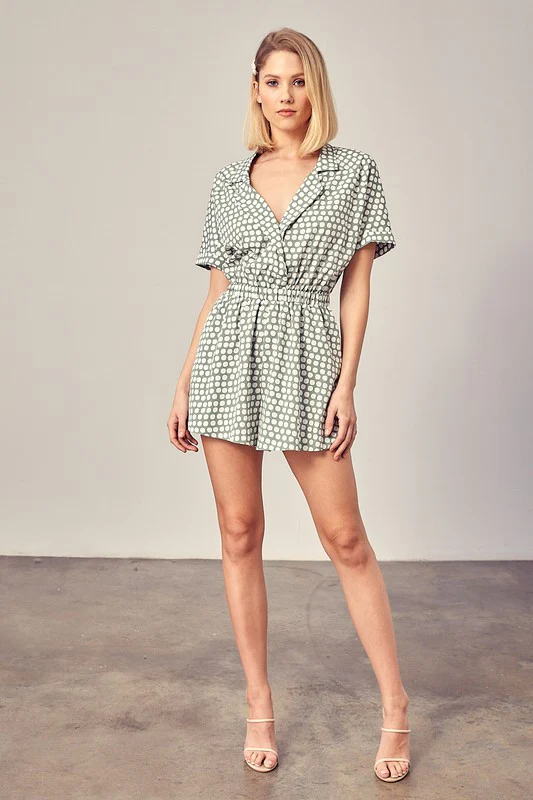 Collared Overlap Polka Dot Romper