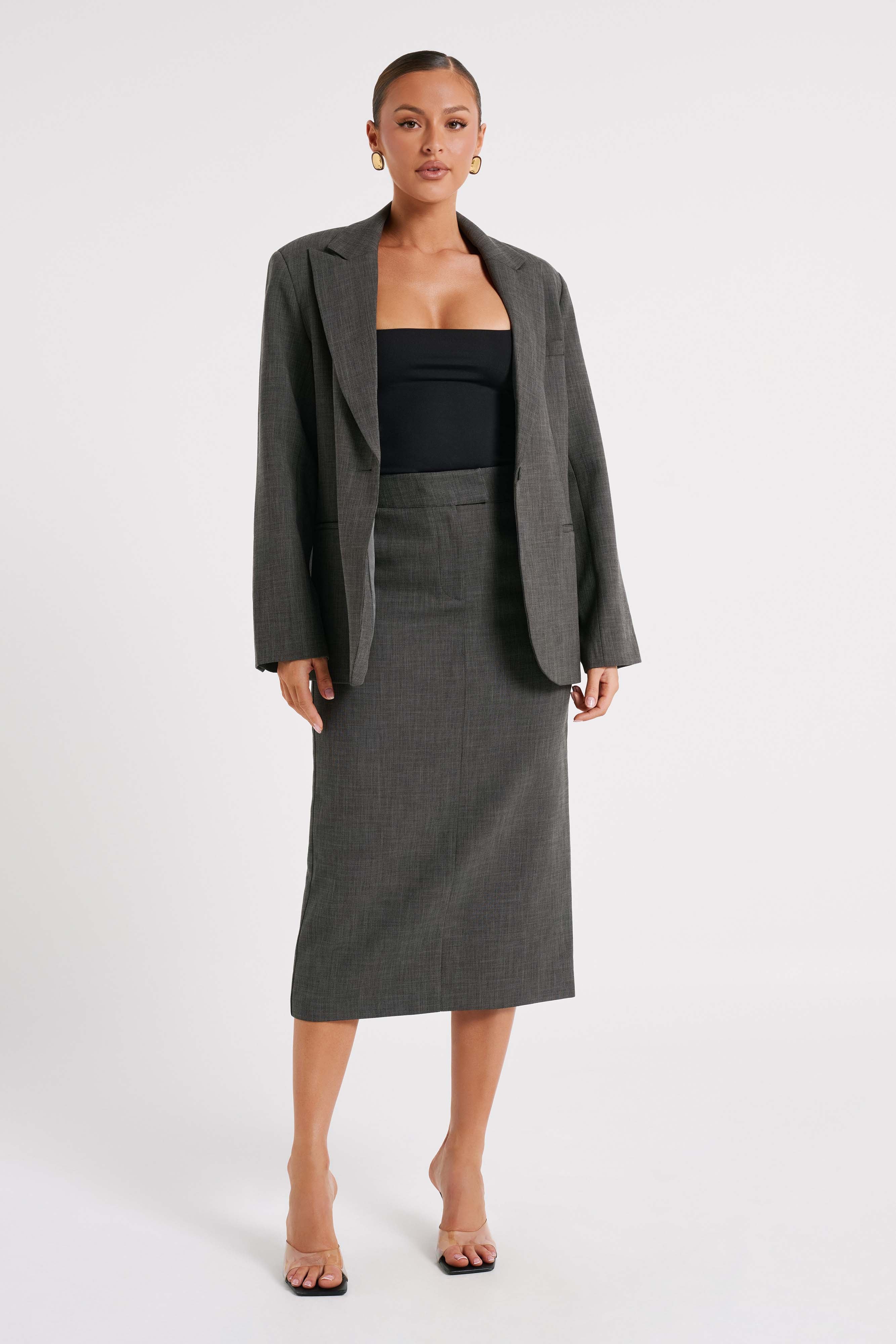 Marcie Textured Suiting Midi Skirt - Charcoal