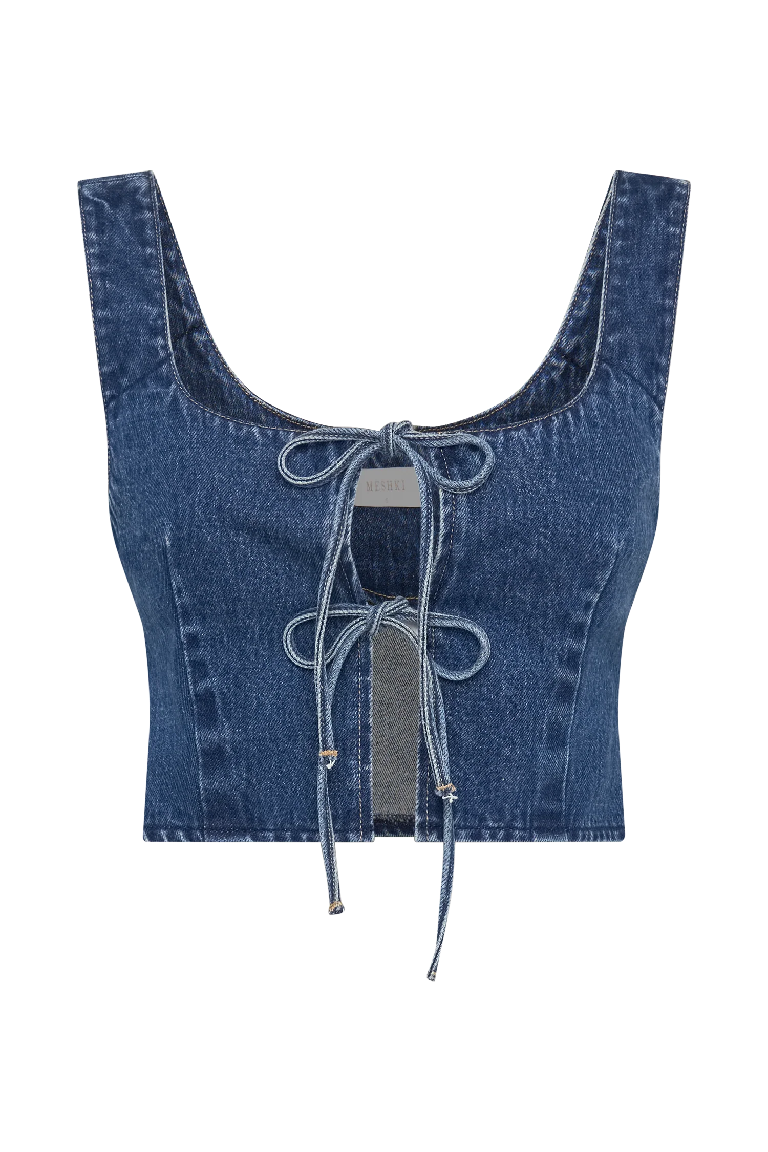 Heather Denim Tie Front Top - Dark Blue