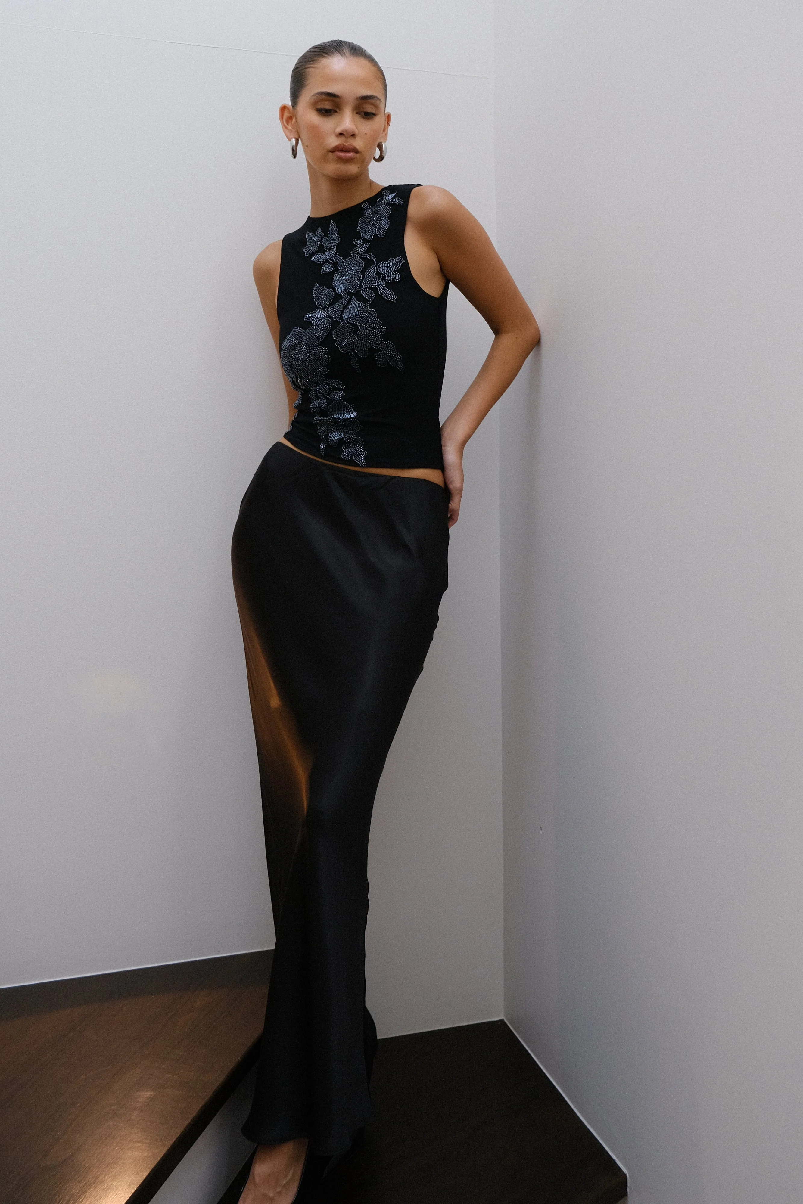 Luci Beaded Flower Mesh Top - Black