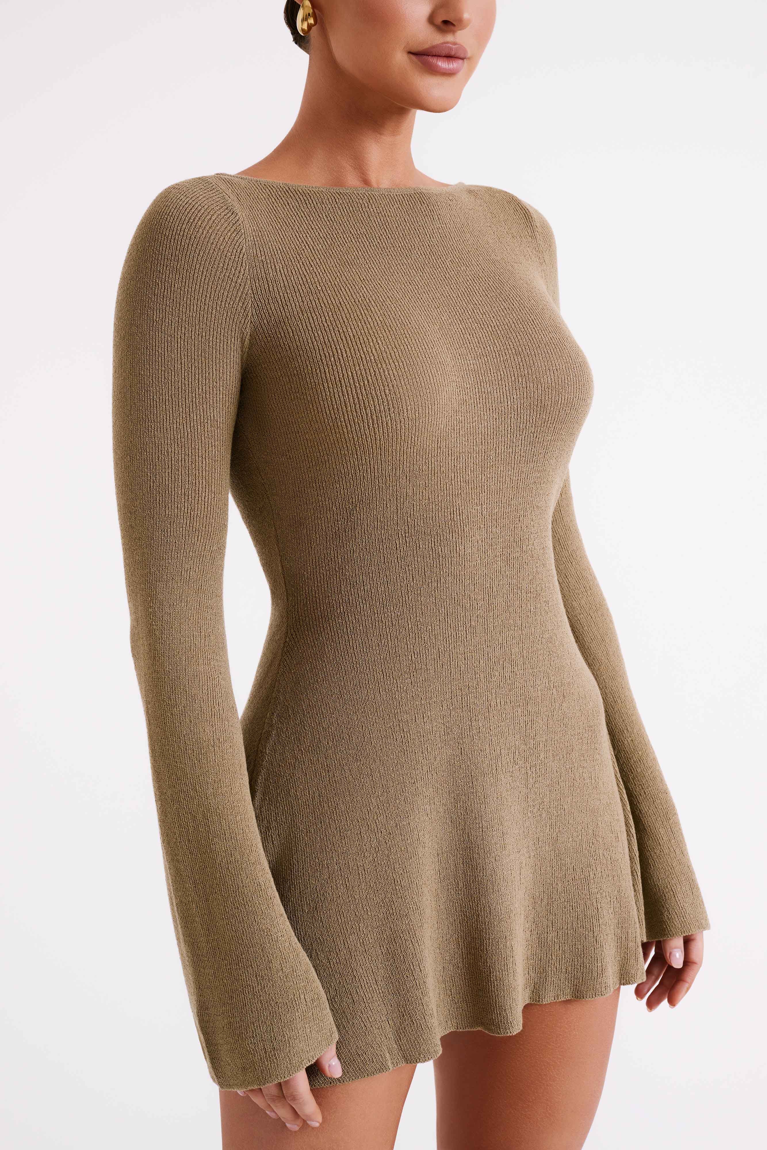 Zahra Long Sleeve Open Back Mini Knit Dress - Olive