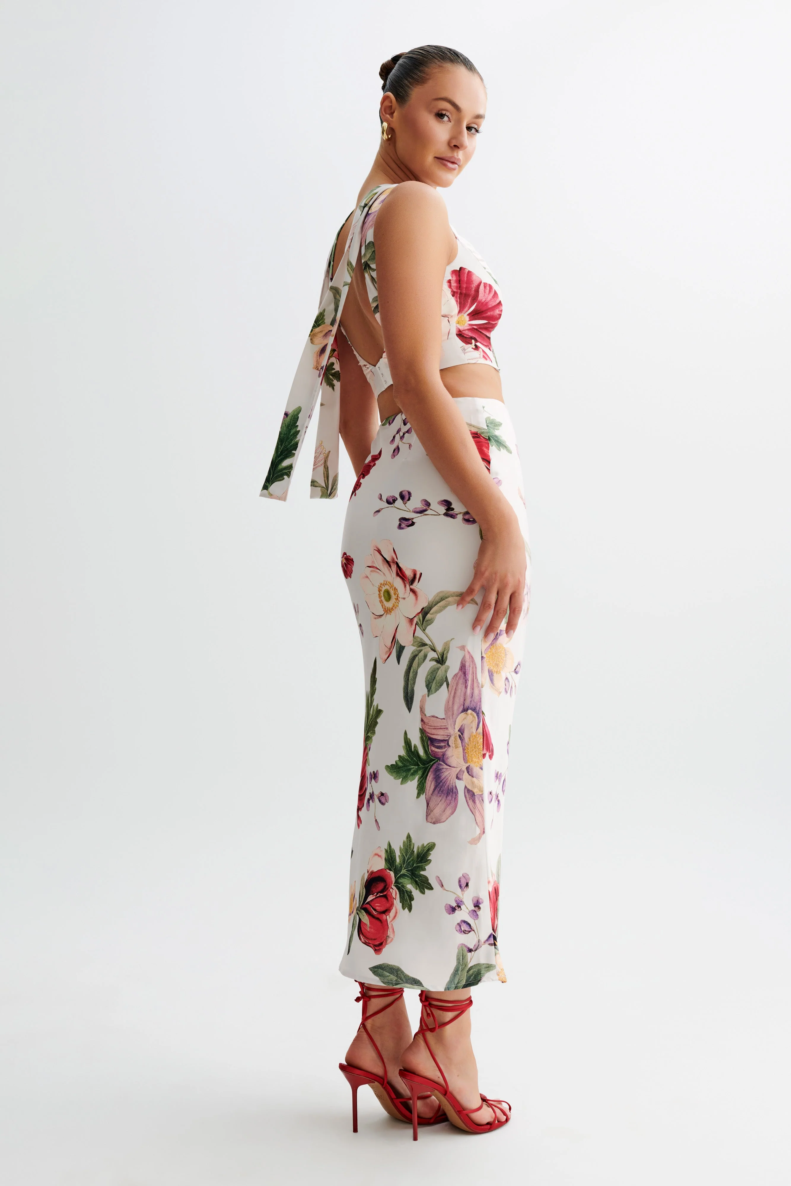 Viviana Satin Midi Skirt - Bella Rosa Print