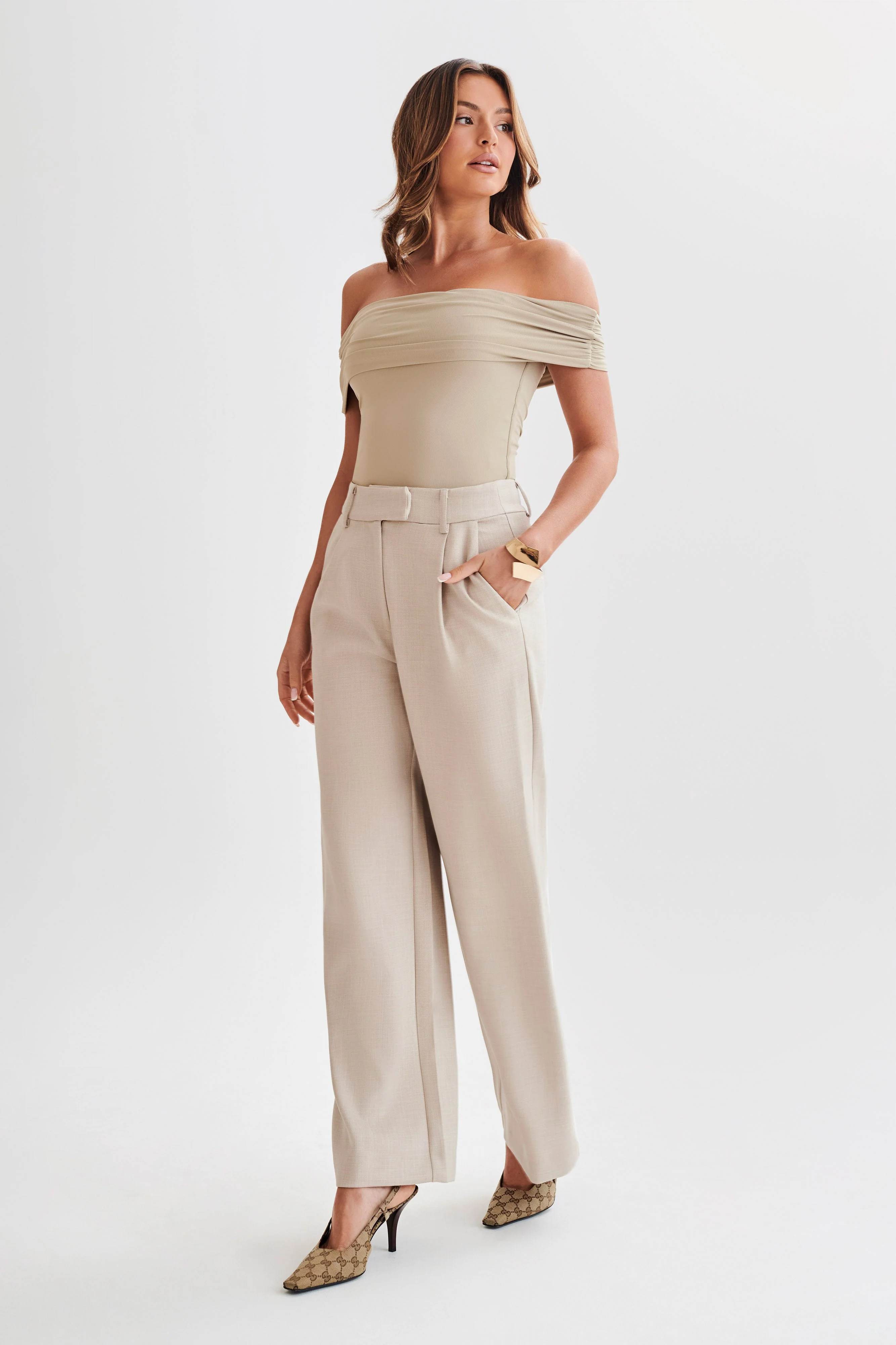 Meena Recycled Nylon Off Shoulder Top - Taupe